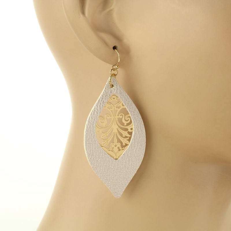 Synthetic Marquise Leather Fish Hook Earrings - Image 2