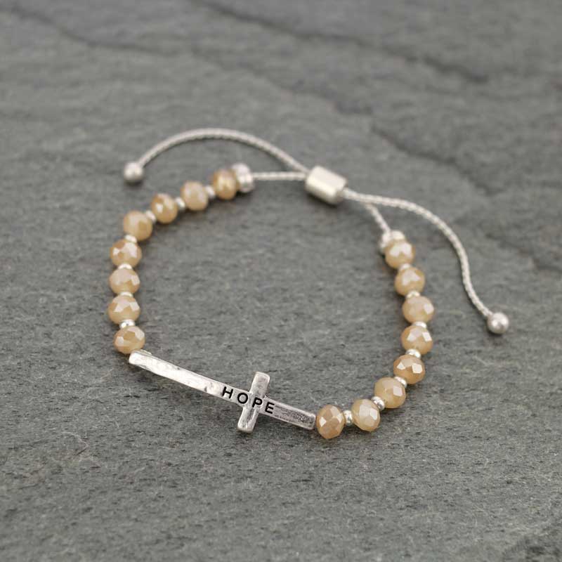 Cross "HOPE" Charm Glass Bead Adjustable Bracelet