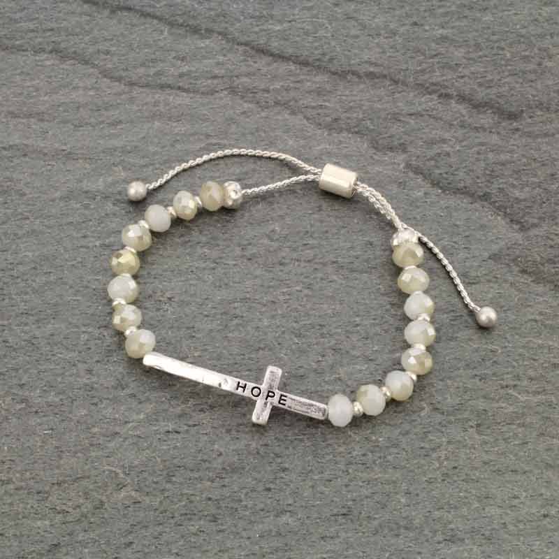 Cross "HOPE" Charm Glass Bead Adjustable Bracelet