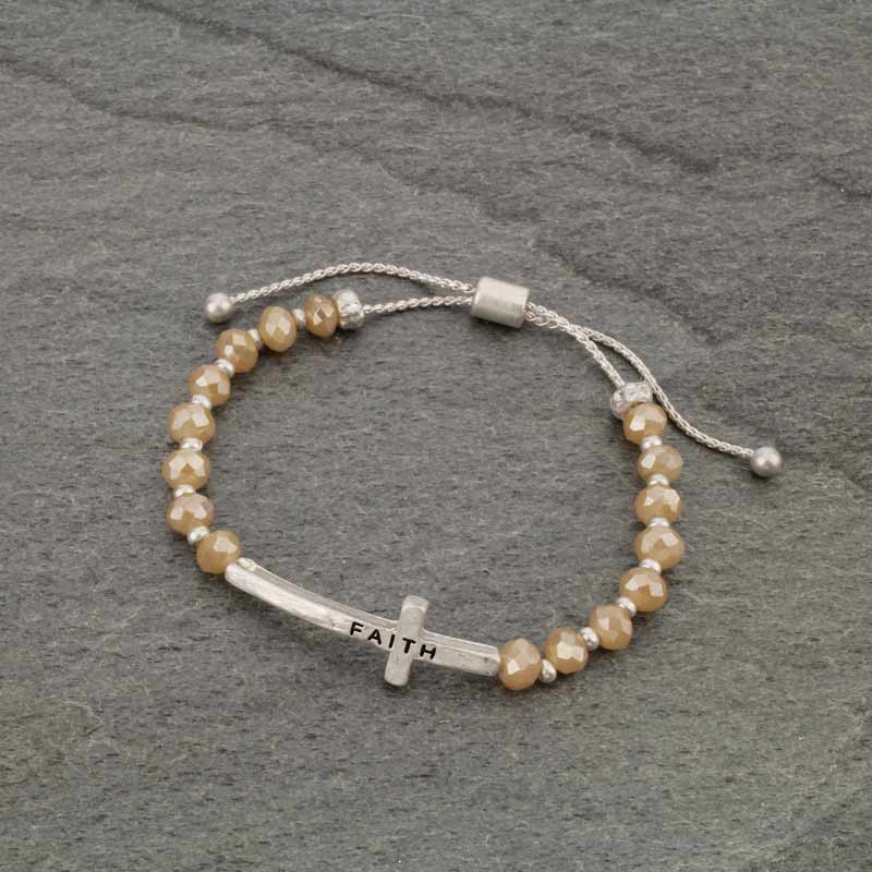 Cross "FAITH" Charm Glass Bead Adjustable Bracelet
