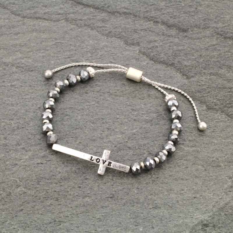 Cross "LOVE" Charm Glass Bead Adjustable Bracelet