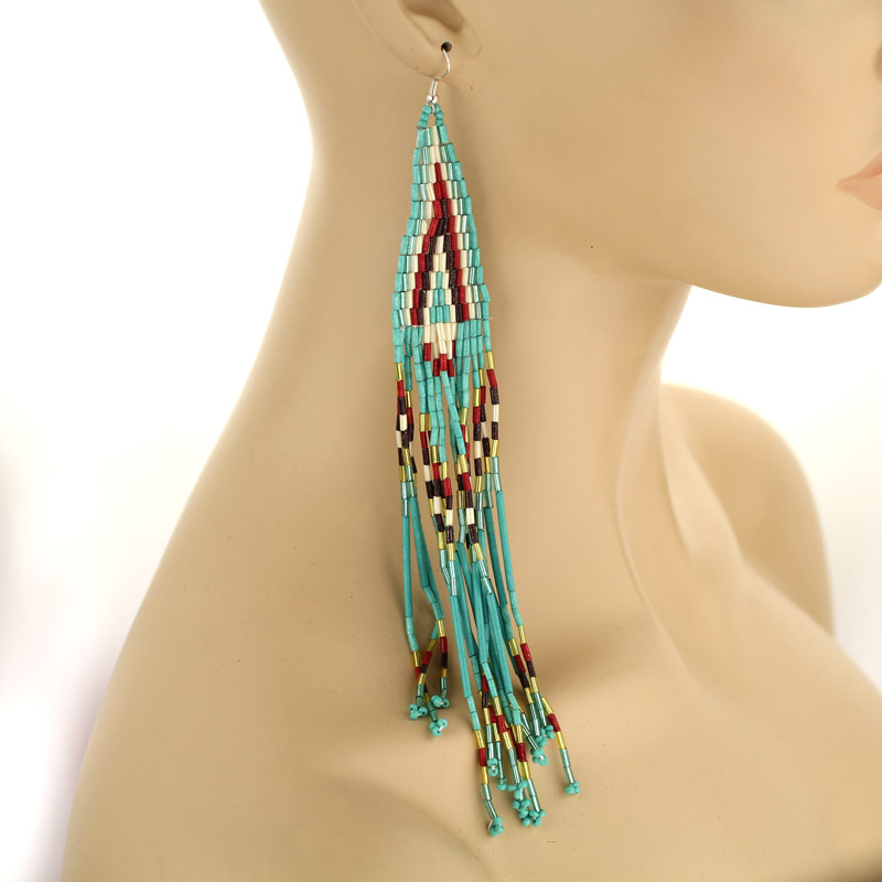Shoulder Length Seed Bead Fringe Dangle Earrings - Image 2