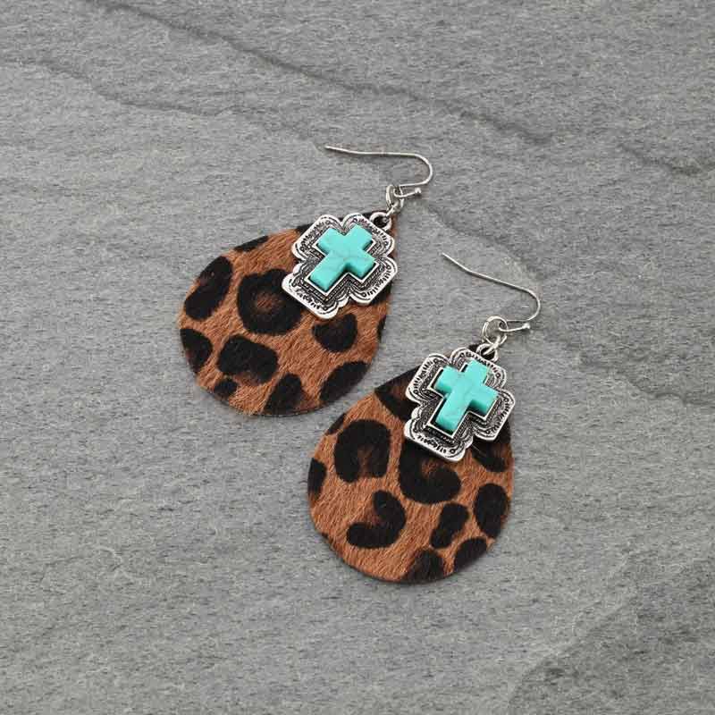 Cross Charm Leather Fish Hook Earrings