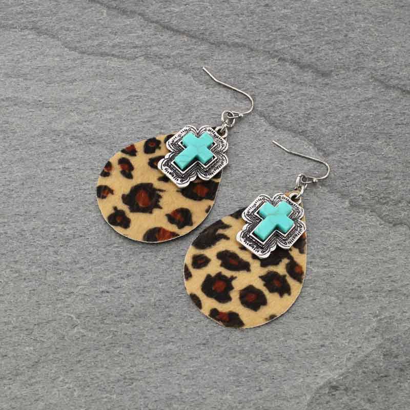 Cross Charm Leather Fish Hook Earrings
