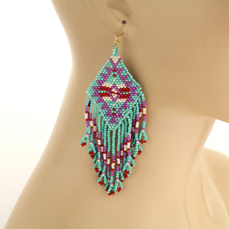Aztec Pattern Seed Bead Fish Hook Earrings - Image 2