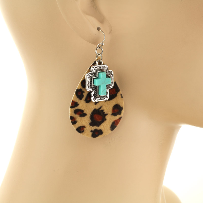 Cross Charm Leather Fish Hook Earrings - Image 2