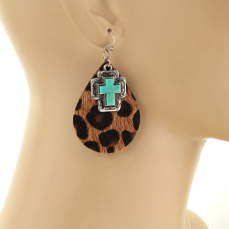Cross Charm Leather Fish Hook Earrings - Image 2