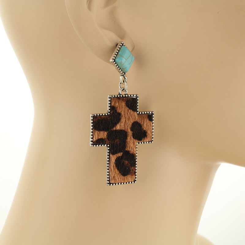 Cross Leather Drop Post Earrings - Image 2