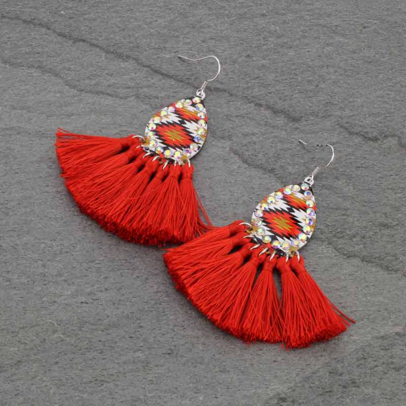 Aztec Pattern Teardrop with Tassel Fish Hook Earrings