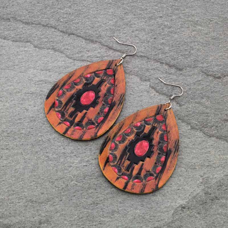 Genuine Leather Navajo Style Print Teardrop Fish Hook Earrings