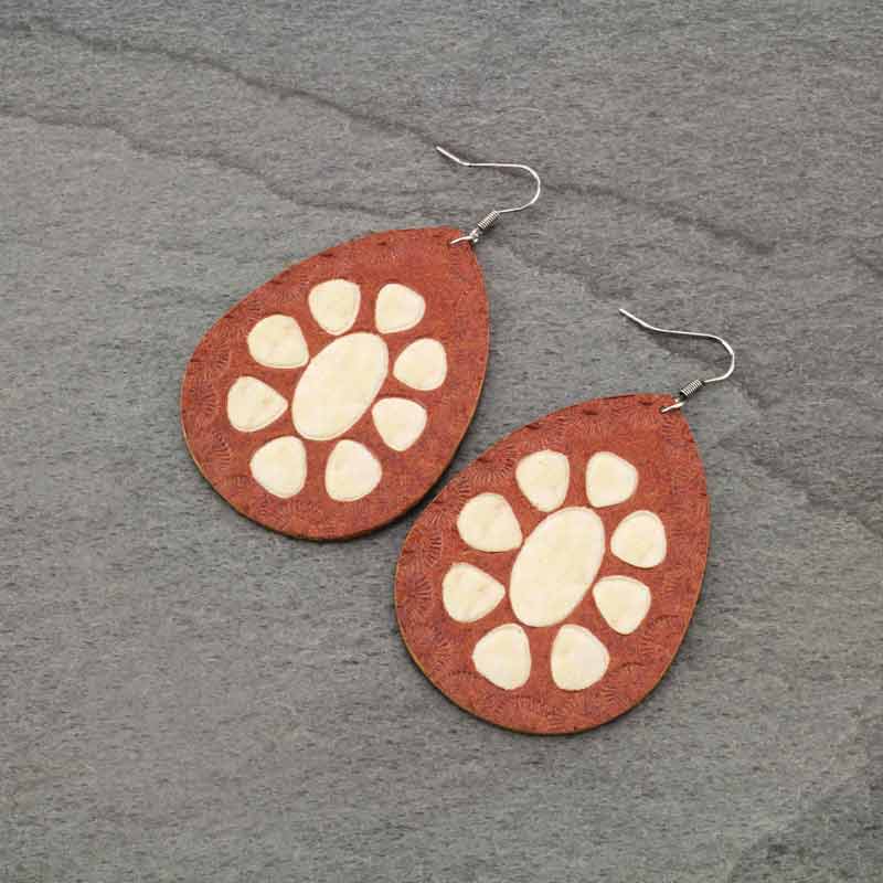 Genuine Leather Concho Teardrop Fish Hook Earrings