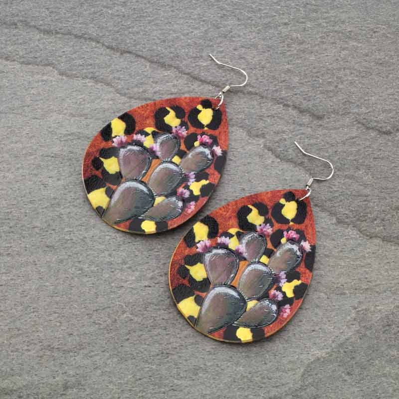 Genuine Leather Cactus Teardrop Fish Hook Earrings