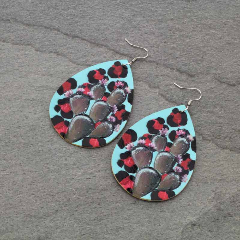 Genuine Leather Cactus Teardrop Fish Hook Earrings