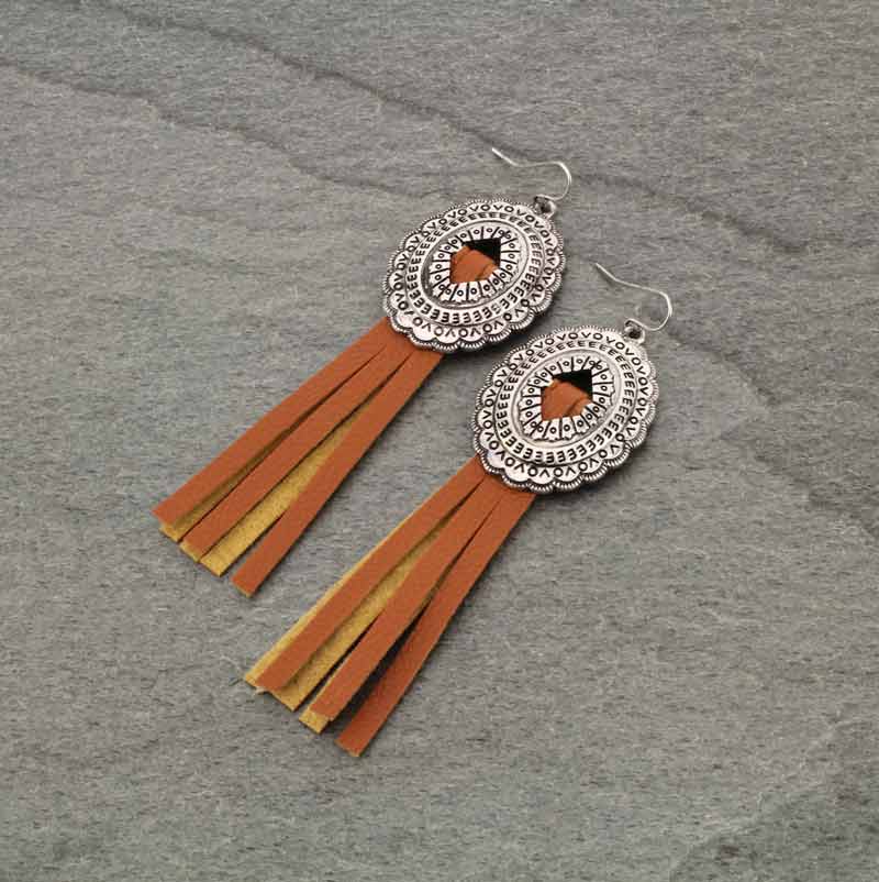 Concho with Leather Tassel Fish Hook Earrings