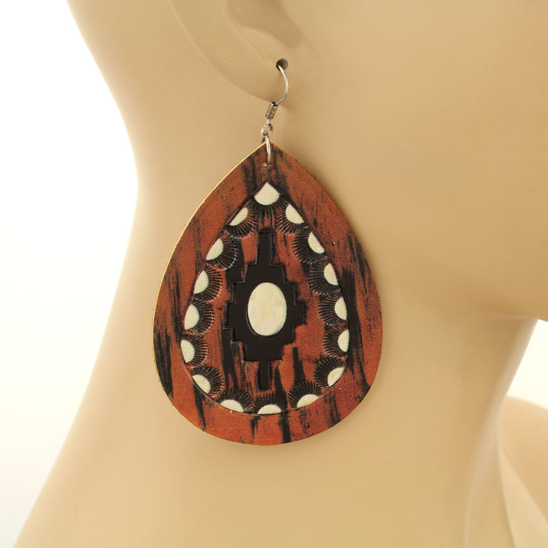 Genuine Leather Navajo Style Print Teardrop Fish Hook Earrings - Image 2