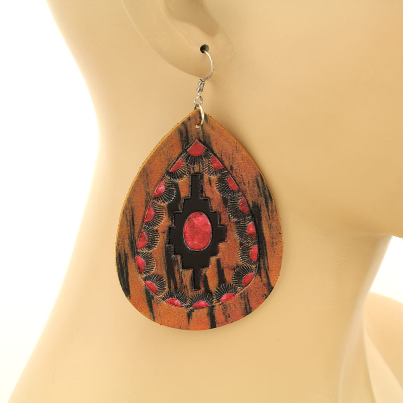 Genuine Leather Navajo Style Print Teardrop Fish Hook Earrings - Image 2