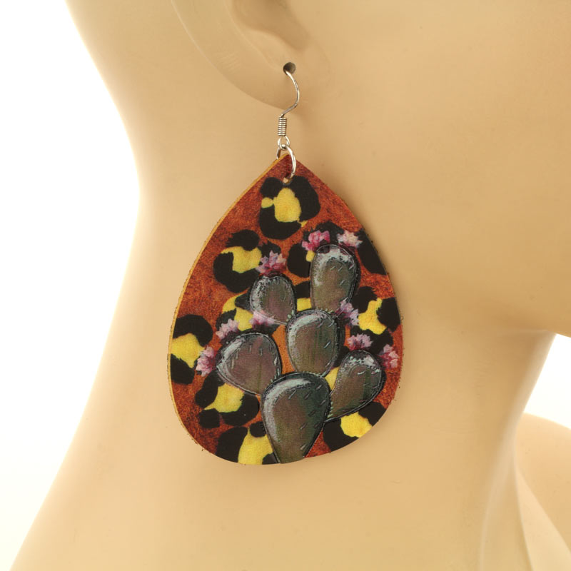 Genuine Leather Cactus Teardrop Fish Hook Earrings - Image 2