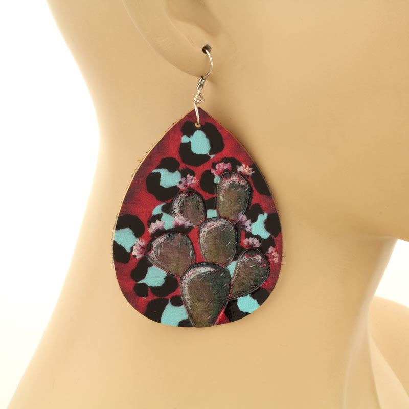 Genuine Leather Cactus Teardrop Fish Hook Earrings - Image 2