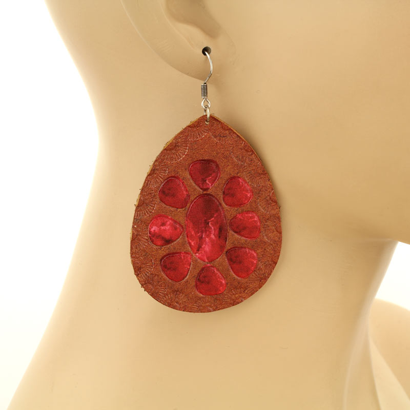 Genuine Leather Concho Teardrop Fish Hook Earrings - Image 2