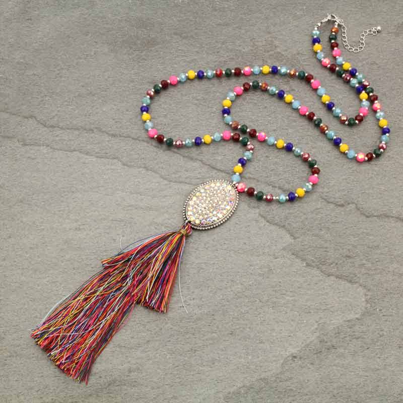 Glass Bead with Stone Tassel Necklace