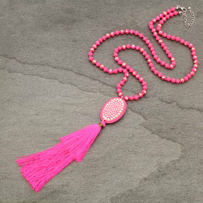 Glass Bead with Stone Tassel Necklace
