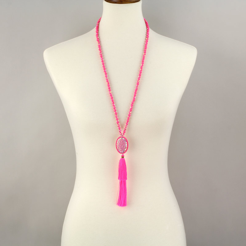 Glass Bead with Stone Tassel Necklace - Image 2
