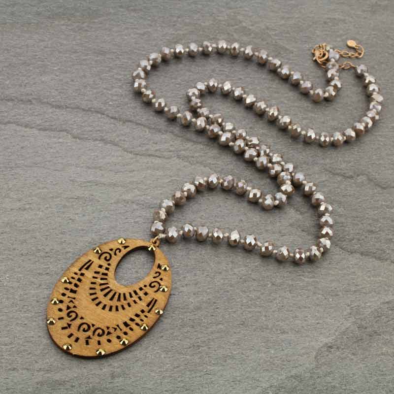 Oval Moroccan Wood with Bead Necklace