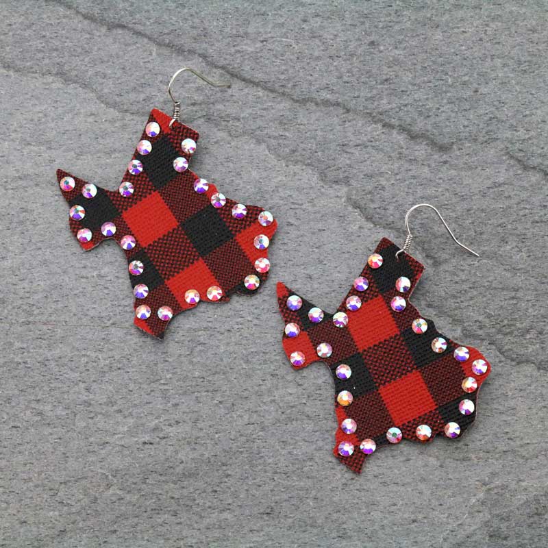 Plaid Texas Map Leather Fish Hook Earrings