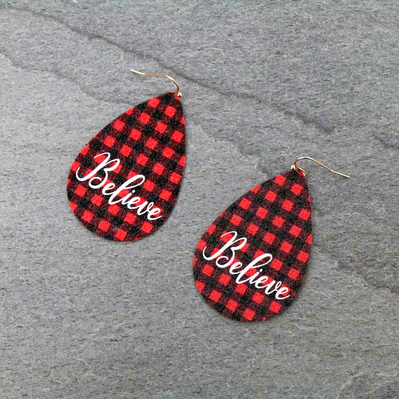 Western "BELIEVE" Plaid Leather Fish Hook Earrings