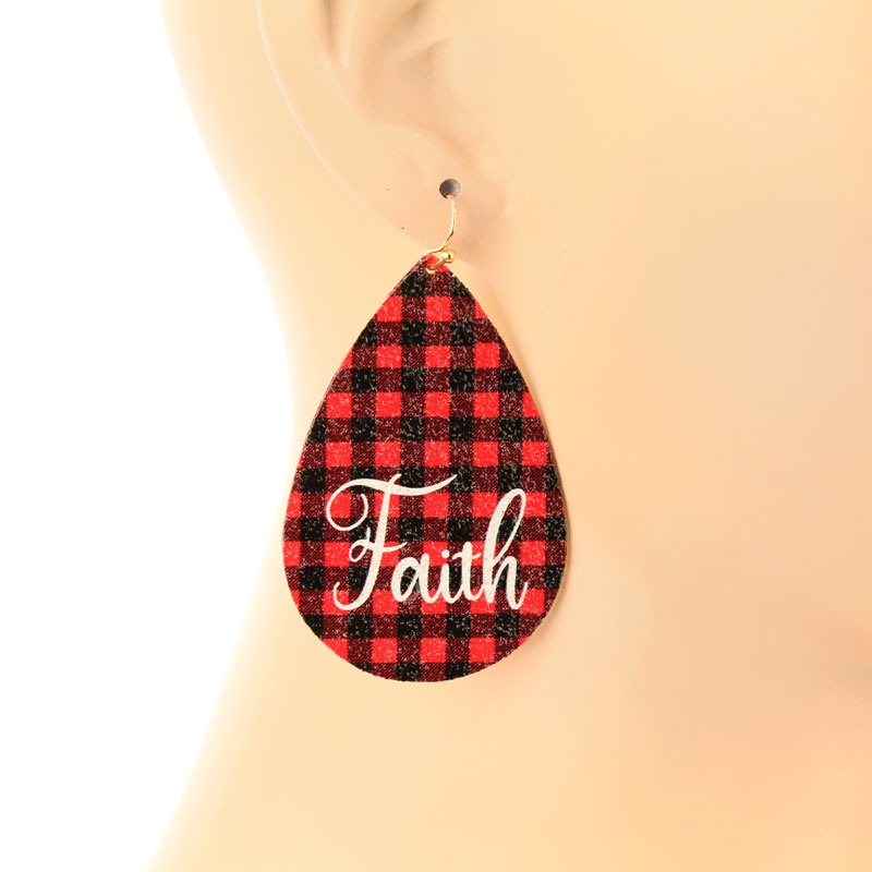 Western "FAITH" Plaid Leather Fish Hook Earrings - Image 2