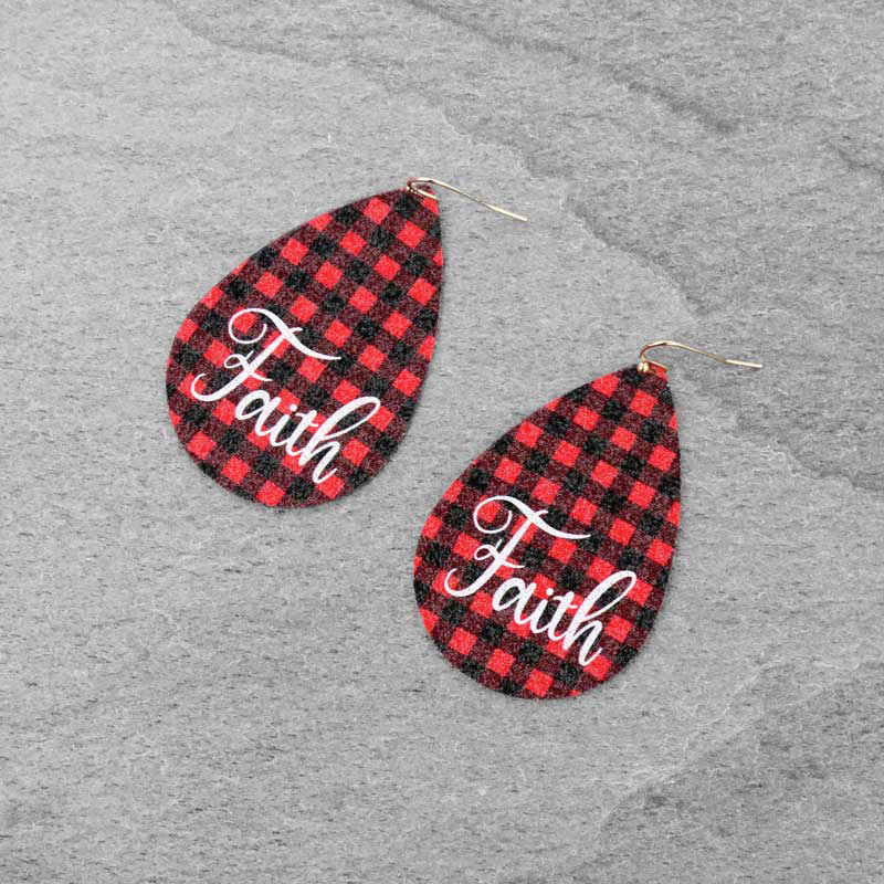 Western "FAITH" Plaid Leather Fish Hook Earrings