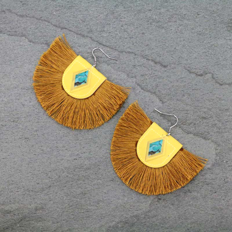 Western Leather with Fabric Fan Tassel Fish Hook Earrings