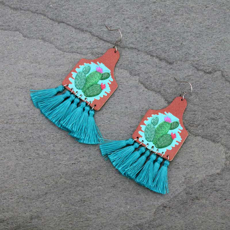 Cactus Leather with Tassel Fish Hook earrings
