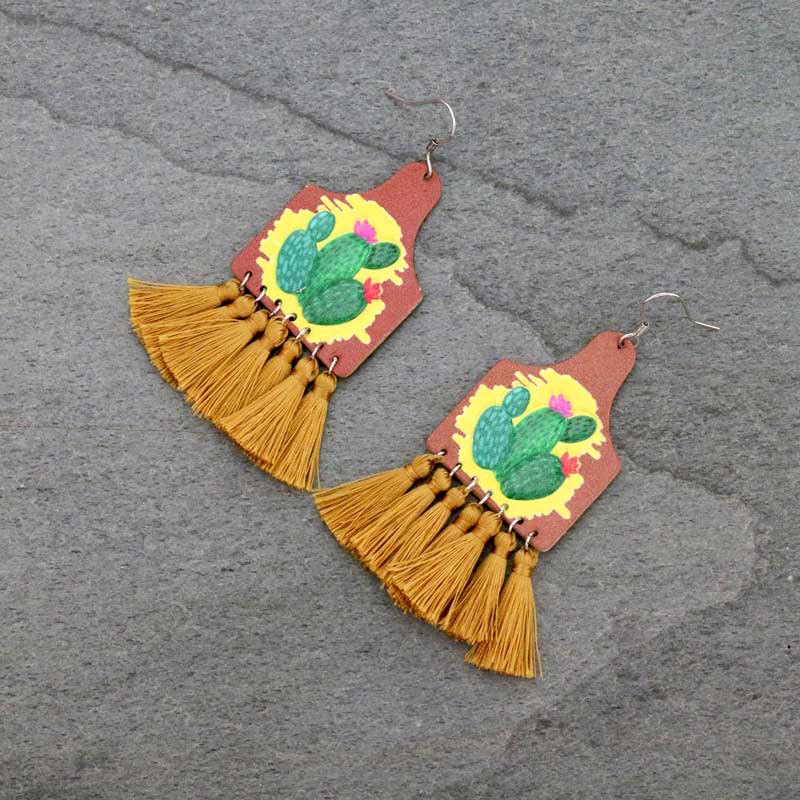 Cactus Leather with Tassel Fish Hook earrings
