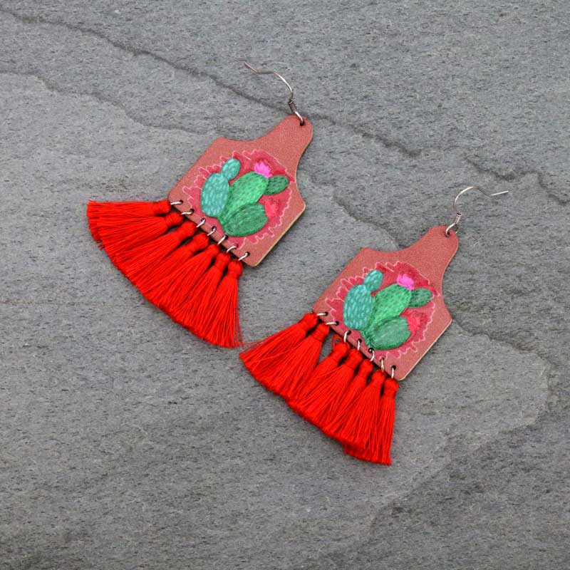 Cactus Leather with Tassel Fish Hook earrings