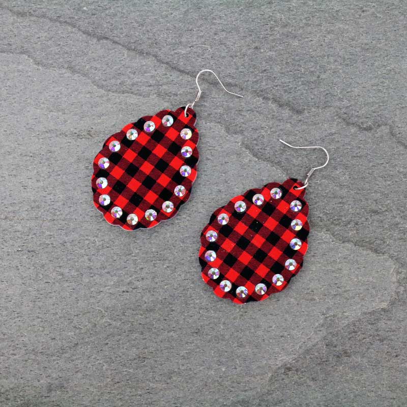 Wood Plaid Teardrop Fish Hook Earrings