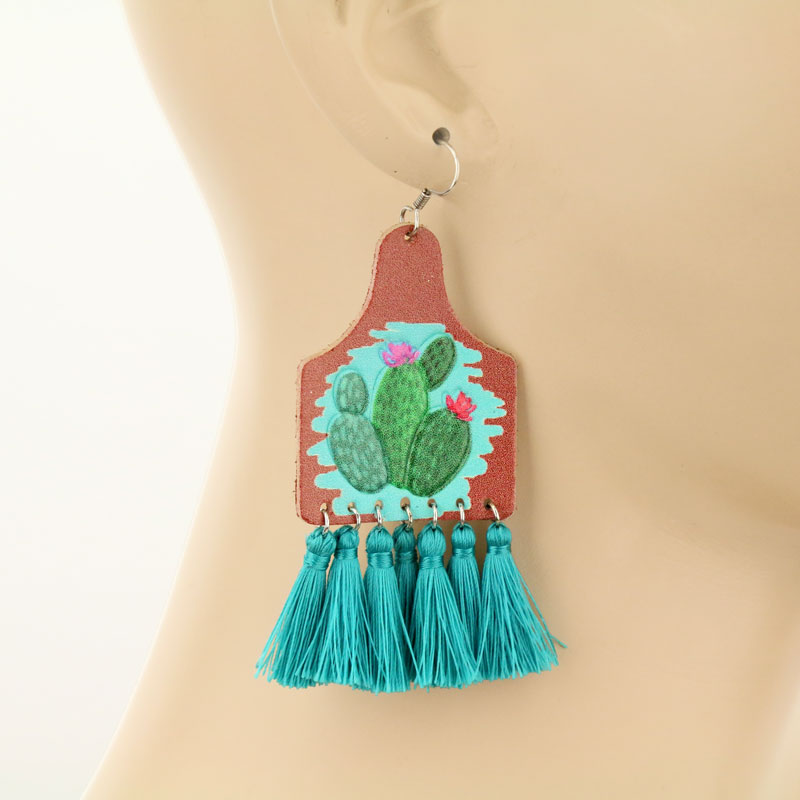 Cactus Leather with Tassel Fish Hook earrings - Image 2
