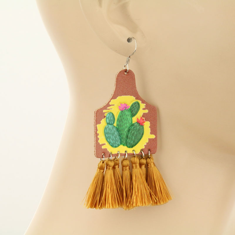 Cactus Leather with Tassel Fish Hook earrings - Image 2