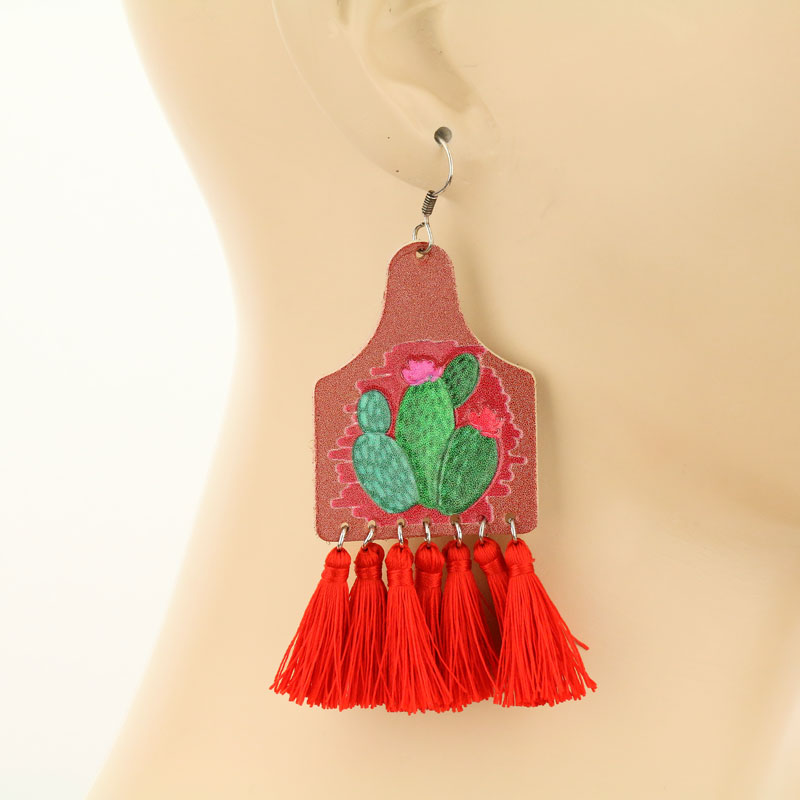 Cactus Leather with Tassel Fish Hook earrings - Image 2