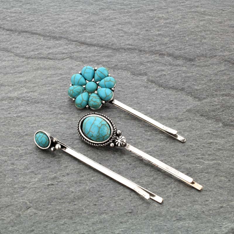 Western Turquoise Bobby Pin of 3