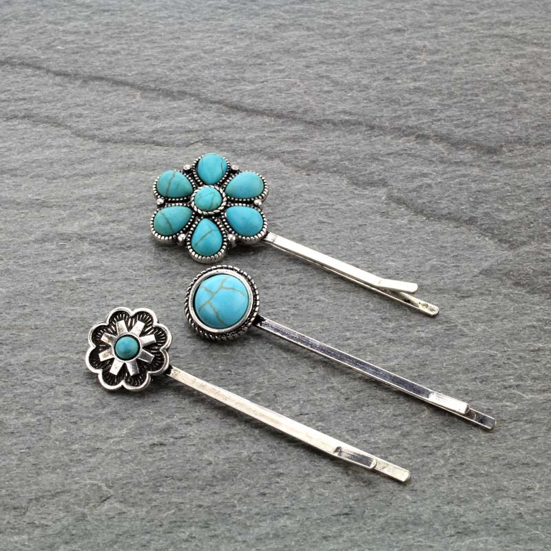 Western Turquoise Bobby Pin of 3