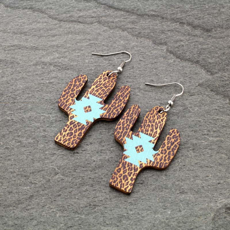 Leopard Mint Navajo Style Design Cactus Wood Fish Hook Earrings