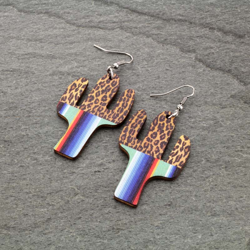 Leopard Mint Serape Cactus Wood Fish Hook Earrings