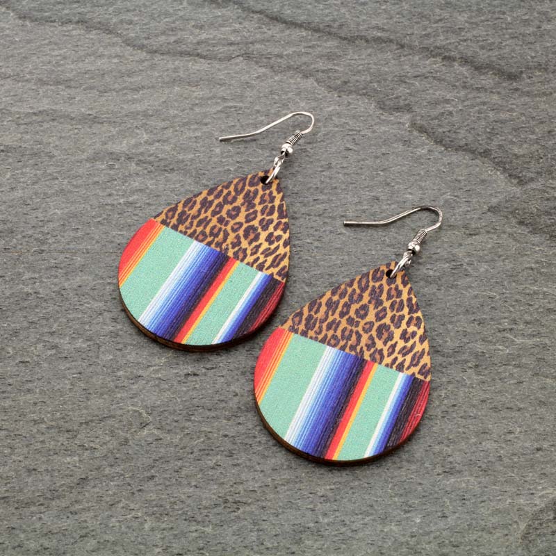 Leopard Mint Serape Teardrop Wood Fish Hook Earrings