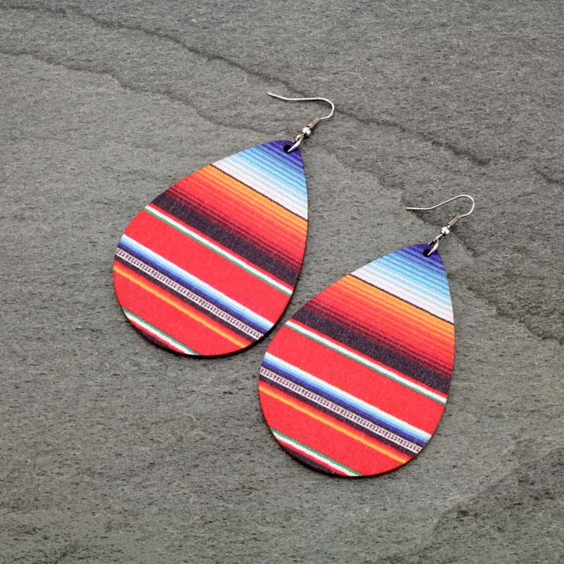 Large Serape Teardrop Wood Fish Hook Earrings