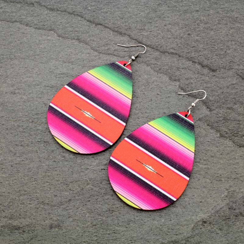 Large Serape Teardrop Wood Fish Hook Earrings