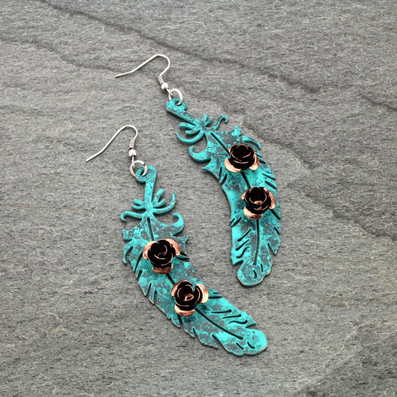 Western Rose Feather Fish Hook Earrings