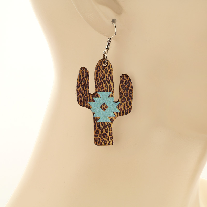 Leopard Mint Navajo Style Design Cactus Wood Fish Hook Earrings - Image 2