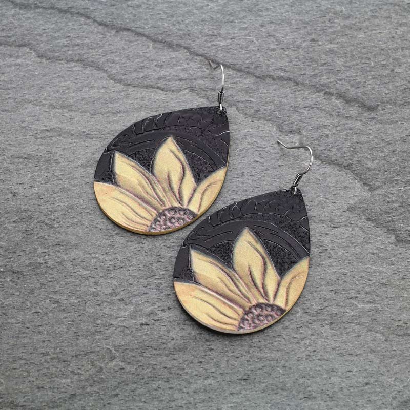 Leather Sunflower Teardrop Fish Hook Earrings