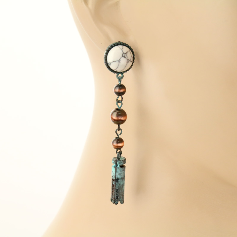 Western Style Stone with Navajo Style Pearl Post Earrings - Image 2